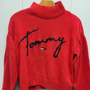 Vintage Tommy Hilfiger Monogram Turtle Neck Cable Sleeve Sweater Sz Sm 90s Red